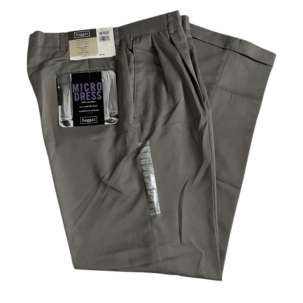 Haggar NWT Micro Dress Pants 32Wx32L Taupe Pleated Cuffed Wrinkle Free